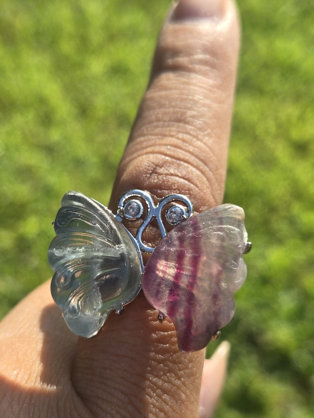 Carved Rainbow Fluorite Butterfly Statement Ring